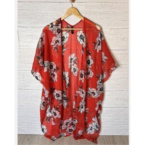 Lane Bryant Kimono Womens One Size Red Sheer Swiss Dot Floral Flowy Lightweight